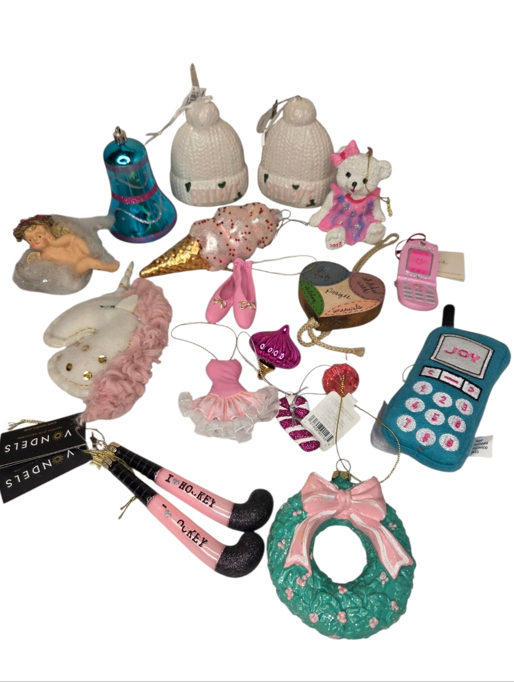 Teal Blue And Pink Christmas Tree Holiday Ornament Set Ballerina Ice Cream